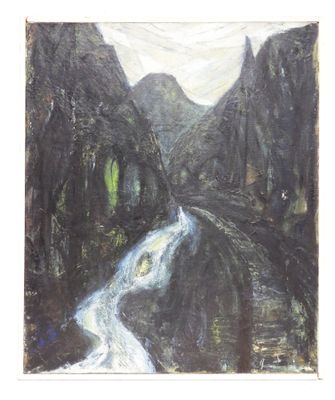 painting of a waterfall in the middle of a mountain with a sky in the background