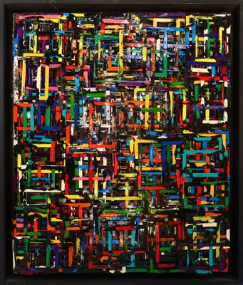 une peinture abstraite composée de lignes et de carrés multicolores, dans un cadre noir