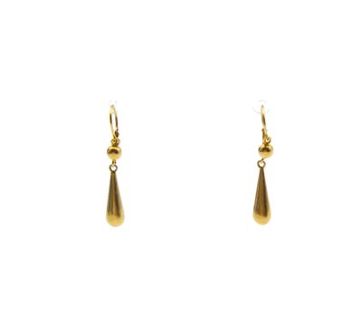a pair of gold drop earrings on a white background