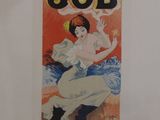 an old poster of a woman sitting on a chair with a cat