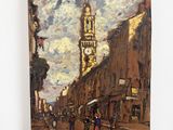 a painting of a clock tower on the side of a building