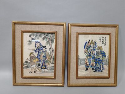 two framed chinese paintings of a man and a woman