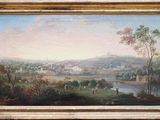 une peinture à l'huile représentant un paysage avec une rivière et une ville au loin