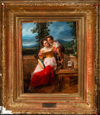an image of a painting of a man and a woman sitting on a bench