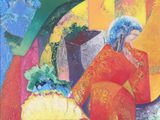 une peinture à l'huile représentant une femme assise sur une chaise, avec une plante en pot devant elle
