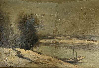 une peinture représentant un bateau sur l'eau près d'un arbre