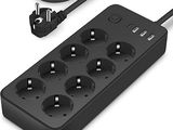 an image of a black power strip with multiple outlets and a usb cable