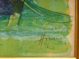 a painting of a man on a surfboard in the water