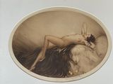 tableau représentant une femme nue allongée sur un lit, la tête posée sur un oreiller
