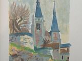 painting of a church with a steeple and a steeple on a hill