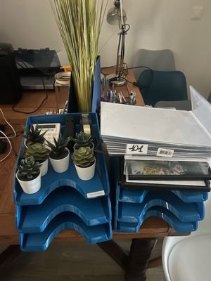 a desk with a bunch of plants on it