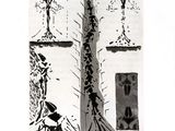 a black and white drawing of a tree and a building