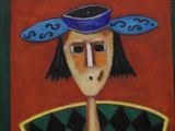 a painting of a woman with a blue hat on her head