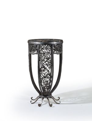 a black metal table with a glass top on a white background