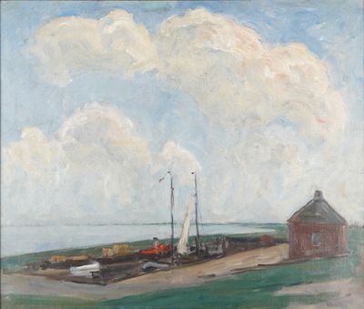 l'image d'une peinture représentant un bateau dans un plan d'eau