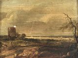 peinture représentant un paysage avec des moutons qui paissent au premier plan et un château au loin