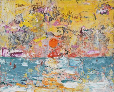 an image of a painting of a person in a boat on a body of water
