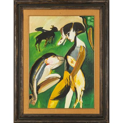 un tableau représentant une femme et deux chiens dans un champ