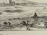 a drawing of a man riding a horse in a field