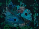 abstract painting of a blue and green butterfly with black spots