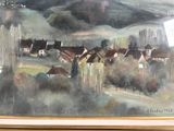 a picture of a painting of a village in the mountains