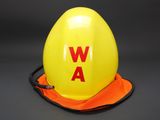 a close up of a yellow hard hat with the word wa on it