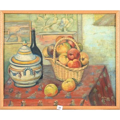 un tableau représentant un panier de pommes et une bouteille de vin posés sur une table