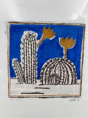 dessin représentant un cactus avec deux fleurs sur un fond bleu et blanc