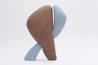 un objet marron et bleu posé sur une surface blanche