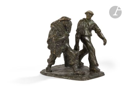 statue représentant deux hommes promenant un chien sur un fond blanc