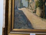 an image of a painting of a street with a man walking down it