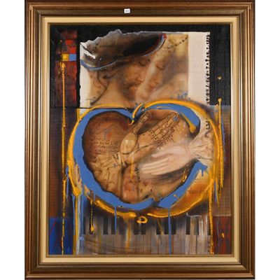tableau représentant une femme tenant un poisson, dans un cadre en forme de cœur