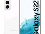 Le Samsung Galaxy S35e est présenté en blanc sur fond bleu.