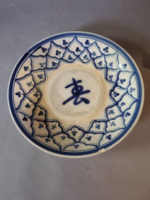 a blue and white plate with a chinese writing on it