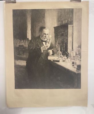 an old picture of a man standing in front of a table with a glass
