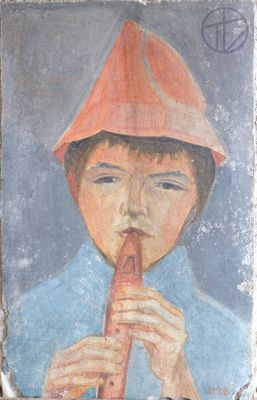 un tableau représentant un garçon coiffé d'un bonnet rouge en train de jouer de la flûte