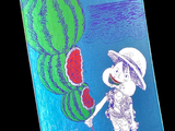 a drawing of a girl holding a watermelon in her hand