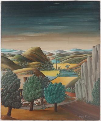 an oil painting of a landscape with hills and trees in the foreground