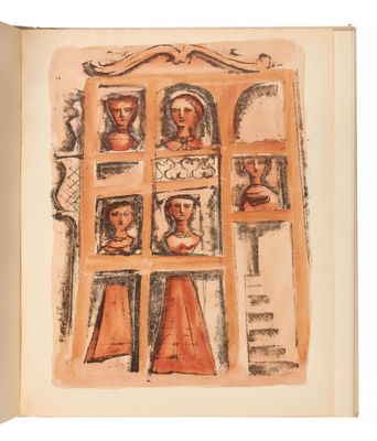 dessin représentant un livre ouvert sur lequel figure le visage d'une femme