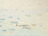 a painting of a boat in the water with a sky background