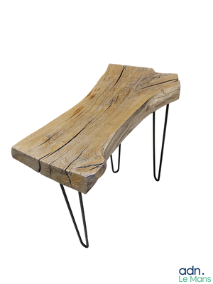 a wooden bench with hairpin legs on a white background