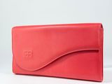 a red leather wallet with a long flap on the front