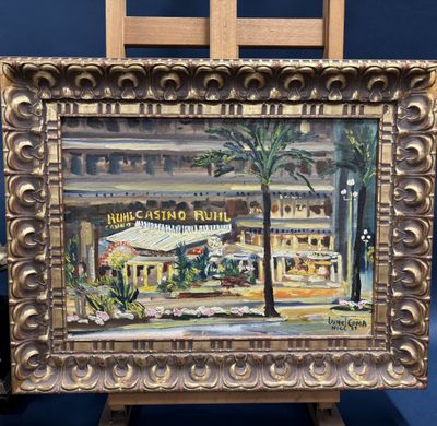 une peinture à l'huile représentant un bâtiment devant lequel se trouve un palmier