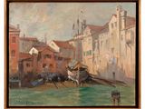 a painting of a boat on the water in a harbor