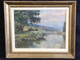 an image of a painting of a river with trees in the foreground