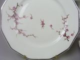 a white plate with a pink flower on it