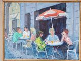 a painting of a group of people sitting at a table