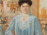 peinture d'une femme en robe bleue assise sur une chaise