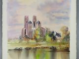 an image of a watercolor painting of a castle by a lake