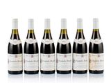 six bottles of wine are lined up on a white surface
